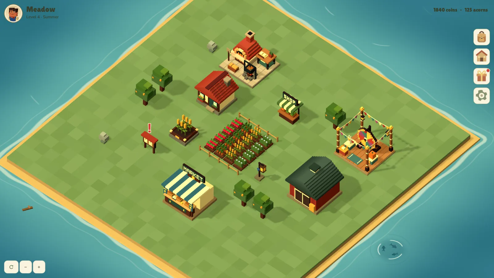The farm in a desktop browser, with the market, barn and festival stand