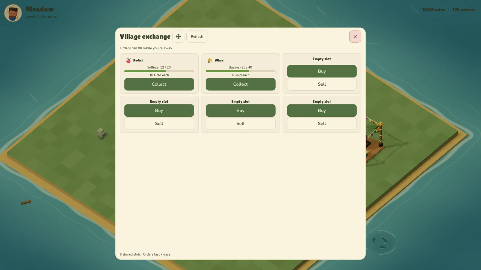 The Exchange on desktop: buy and sell orders with prices and progress